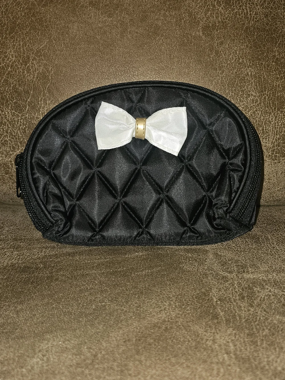 Black Quilted Bow Cosmetic Pouch - White Bow Accent